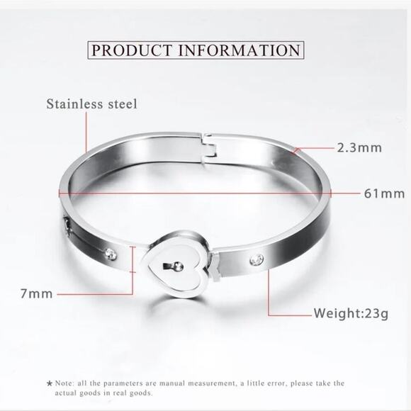 Stainless steel locking silver bracelet with key necklace and heart shape lock - Picture 2 of 3